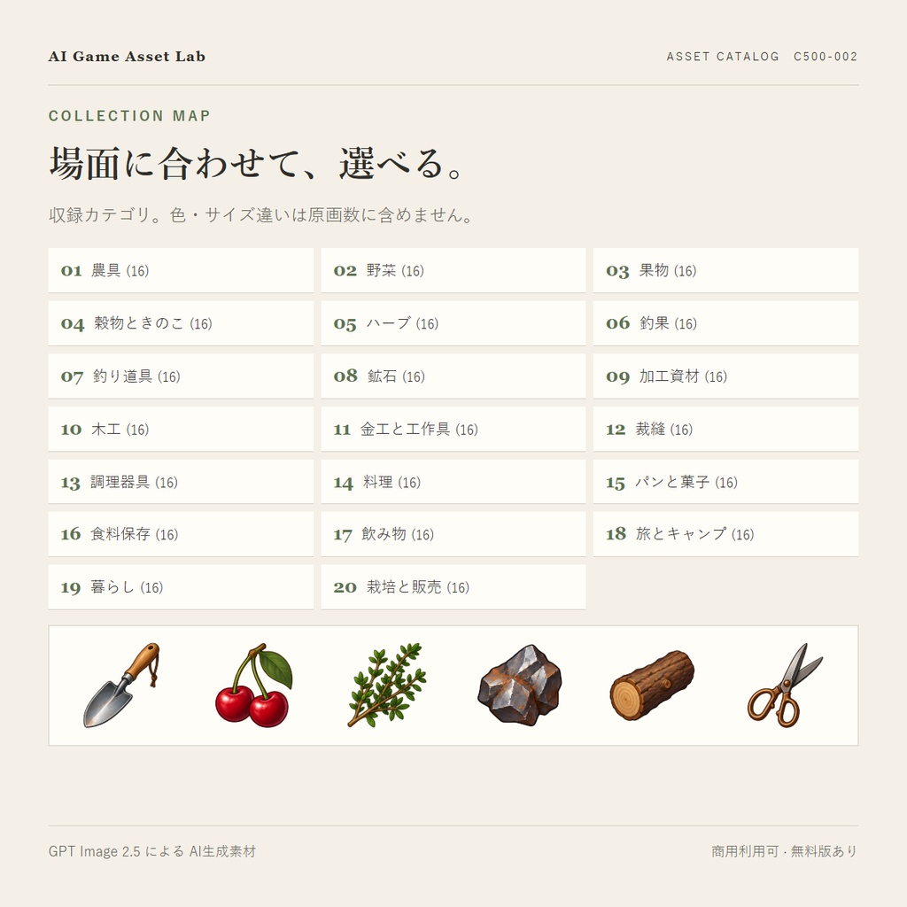 【無料版あり】クラフト生活RPGアイコン320種|農具・食材・料理・クラフト道具(スローライフ/ツクールIconSet/透過PNG)