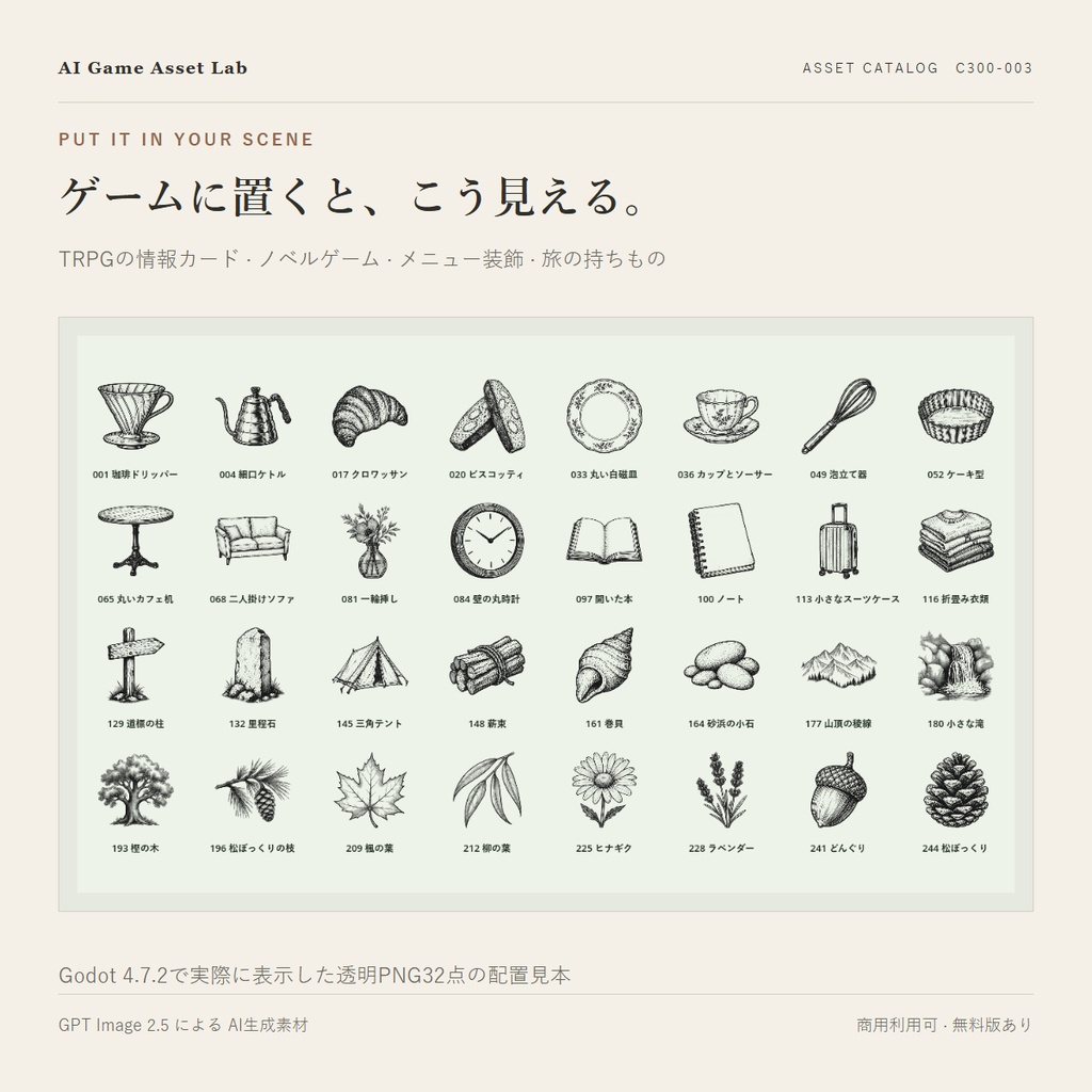 【無料版あり】喫茶と旅支度ペン画320点|珈琲・喫茶・旅の小物・自然観察(TRPG/ココフォリア/透過PNG)