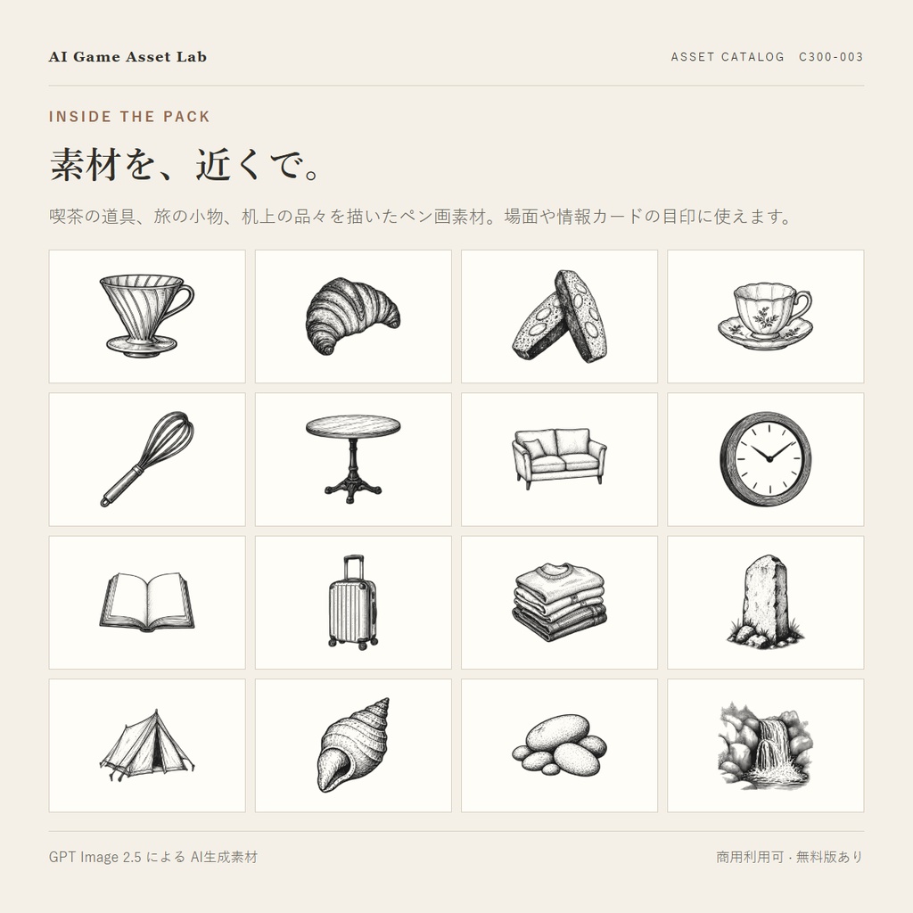【無料版あり】喫茶と旅支度ペン画320点|珈琲・喫茶・旅の小物・自然観察(TRPG/ココフォリア/透過PNG)