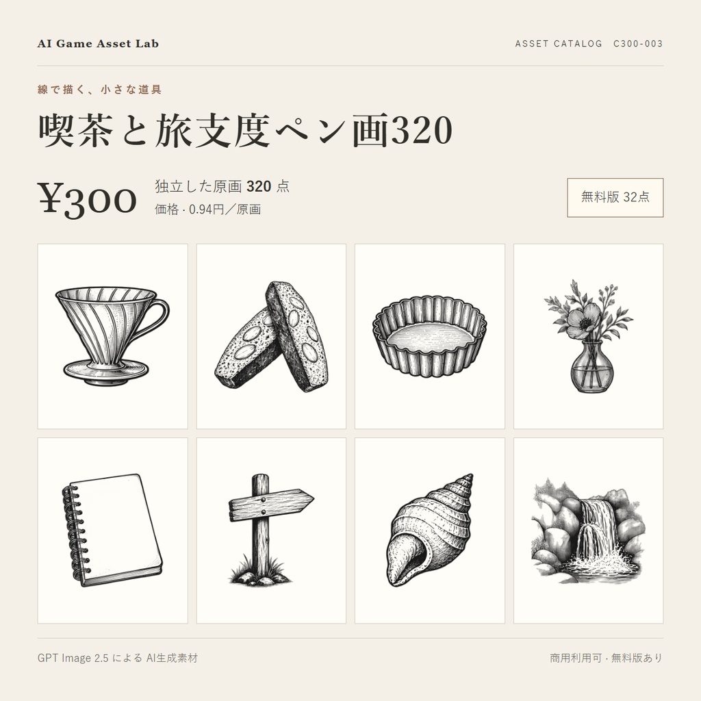 【無料版あり】喫茶と旅支度ペン画320点｜珈琲・喫茶・旅の小物・自然観察（TRPG/ココフォリア/透過PNG）