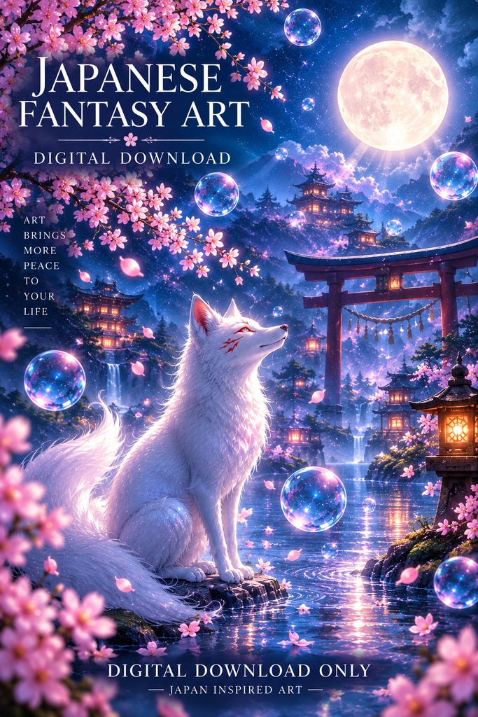 和風キツネのウォールアート、神秘的な「狐と月」のプリント、桜とファンタジーのアート、日本の風景画、デジタルダウンロード、印刷可能なウォールデコ