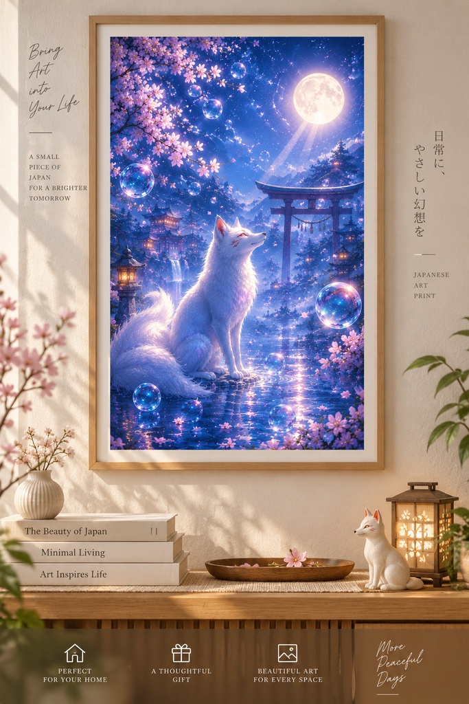 和風キツネのウォールアート、神秘的な「狐と月」のプリント、桜とファンタジーのアート、日本の風景画、デジタルダウンロード、印刷可能なウォールデコ