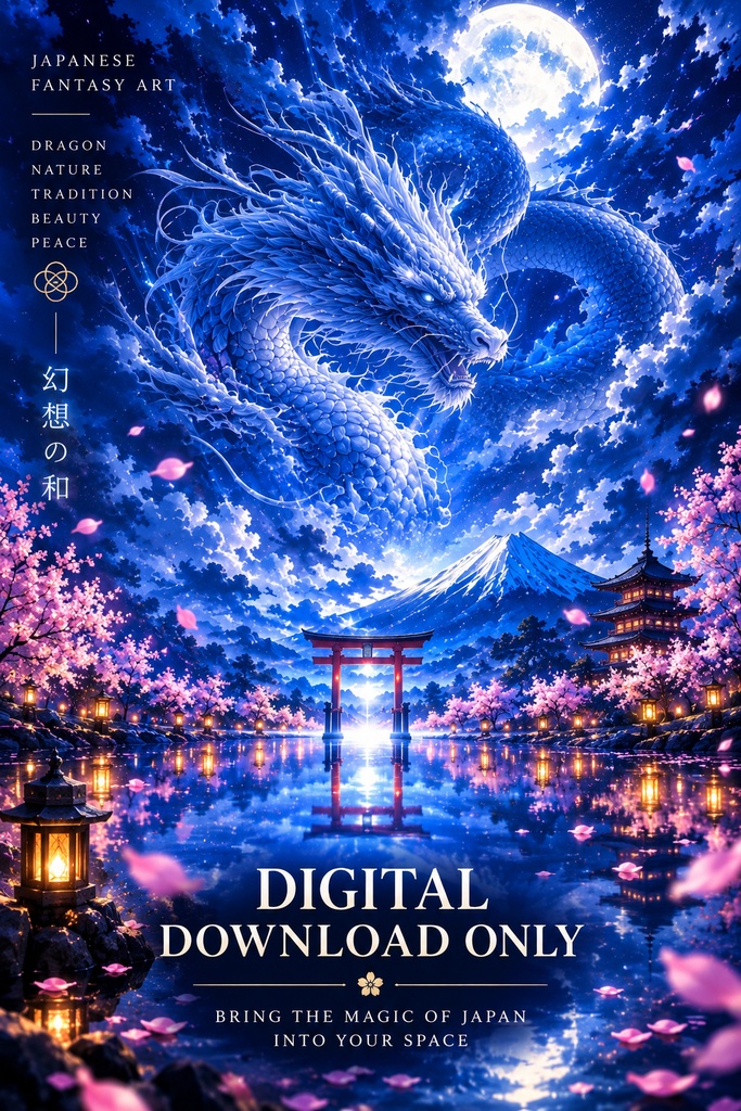 和風ドラゴン・ウォールアート、青い龍のファンタジー・プリント、日本の風景画、富士山・鳥居・桜、デジタルダウンロード