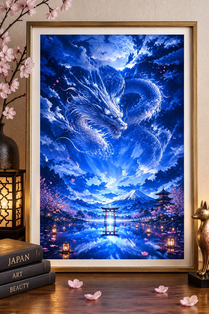 和風ドラゴン・ウォールアート、青い龍のファンタジー・プリント、日本の風景画、富士山・鳥居・桜、デジタルダウンロード