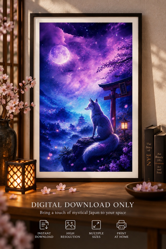日本の狐のウォールアート(印刷用データ)、神秘的な「狐と月」のポスター、ファンタジー・ジャパンのデジタルダウンロード、桜と夜のインテリア、即時印刷可能なアート