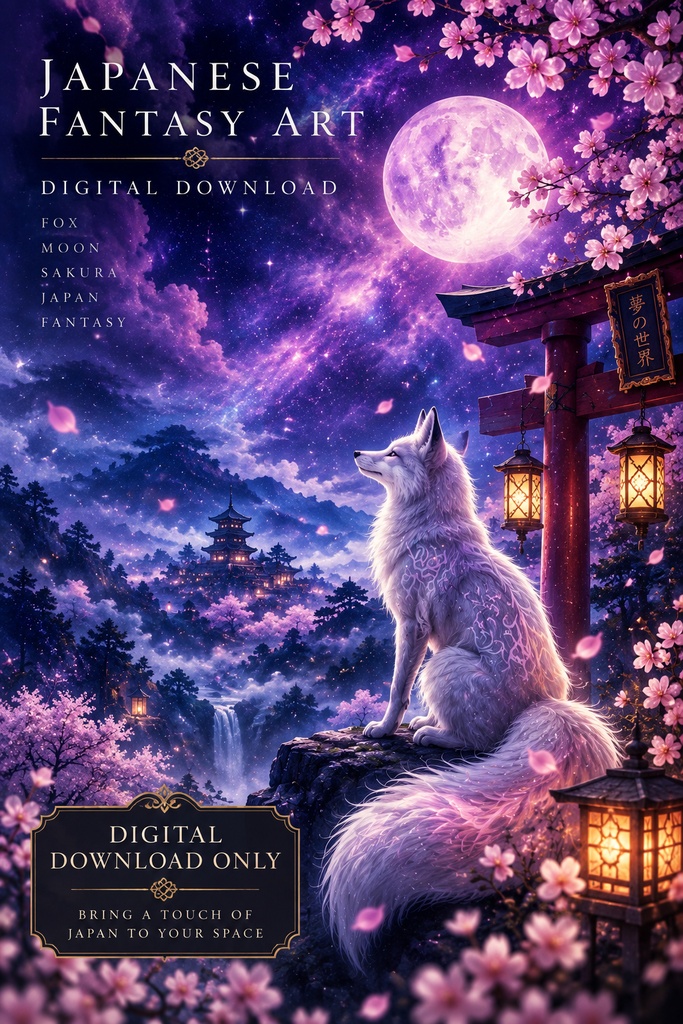 日本の狐のウォールアート(印刷用データ)、神秘的な「狐と月」のポスター、ファンタジー・ジャパンのデジタルダウンロード、桜と夜のインテリア、即時印刷可能なアート