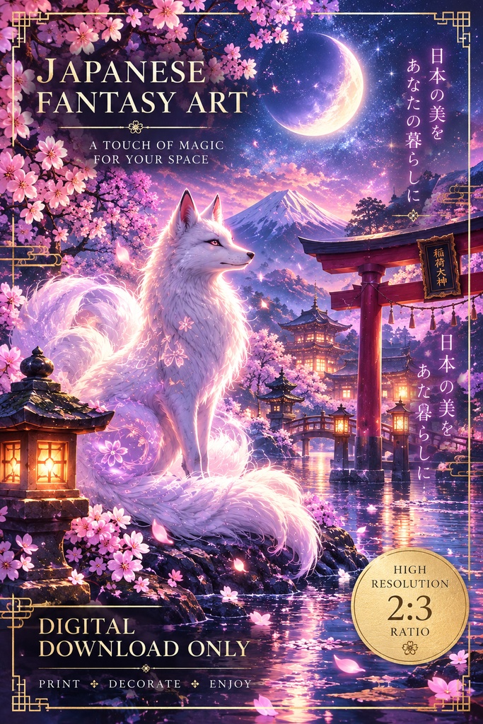 白い狐の和風ファンタジー・ウォールアート、桜と狐のプリント用アート、幻想的な日本風インテリア、デジタルダウンロード、2:3比率のウォールアート