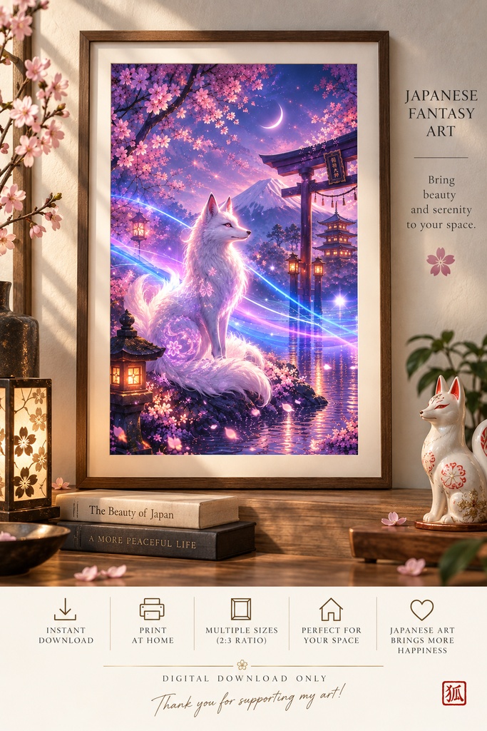 白い狐の和風ファンタジー・ウォールアート、桜と狐のプリント用アート、幻想的な日本風インテリア、デジタルダウンロード、2:3比率のウォールアート