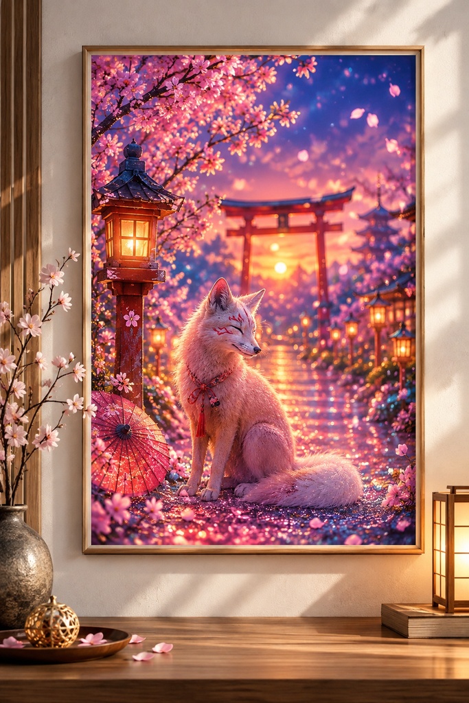 和風キツネのウォールアート、狐と桜のプリント、神社をモチーフにしたファンタジーアート、桜のデジタルダウンロード、和風インテリア、印刷用アート