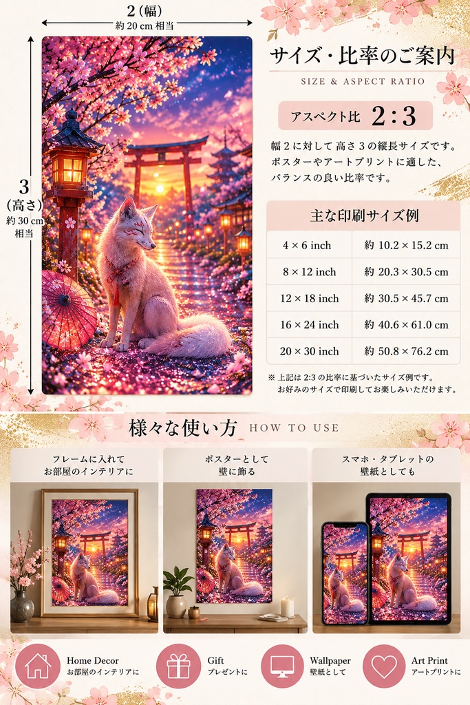 和風キツネのウォールアート、狐と桜のプリント、神社をモチーフにしたファンタジーアート、桜のデジタルダウンロード、和風インテリア、印刷用アート