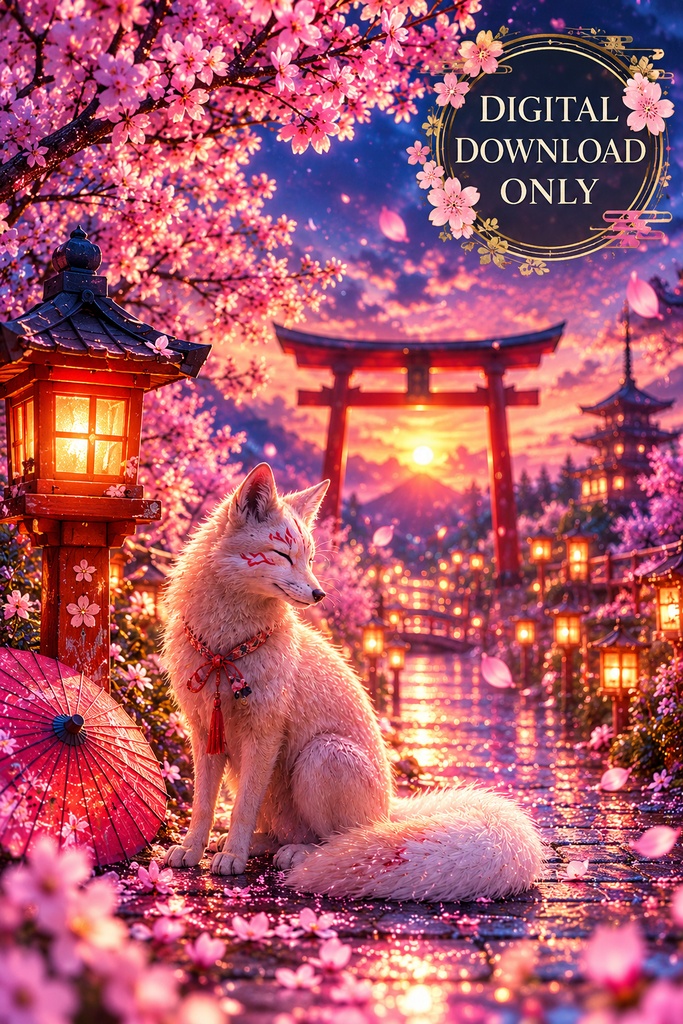 和風キツネのウォールアート、狐と桜のプリント、神社をモチーフにしたファンタジーアート、桜のデジタルダウンロード、和風インテリア、印刷用アート