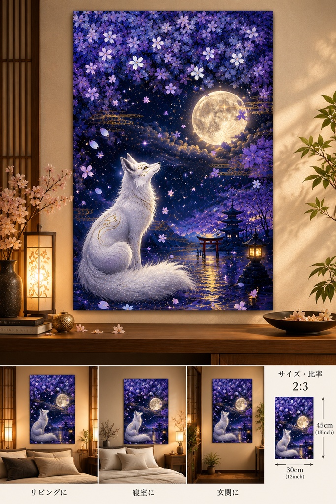 和風キツネのウォールアート、白い狐と月のプリント、和風ファンタジーアート、桜と夜のインテリア、デジタルダウンロード、印刷用ウォールアート