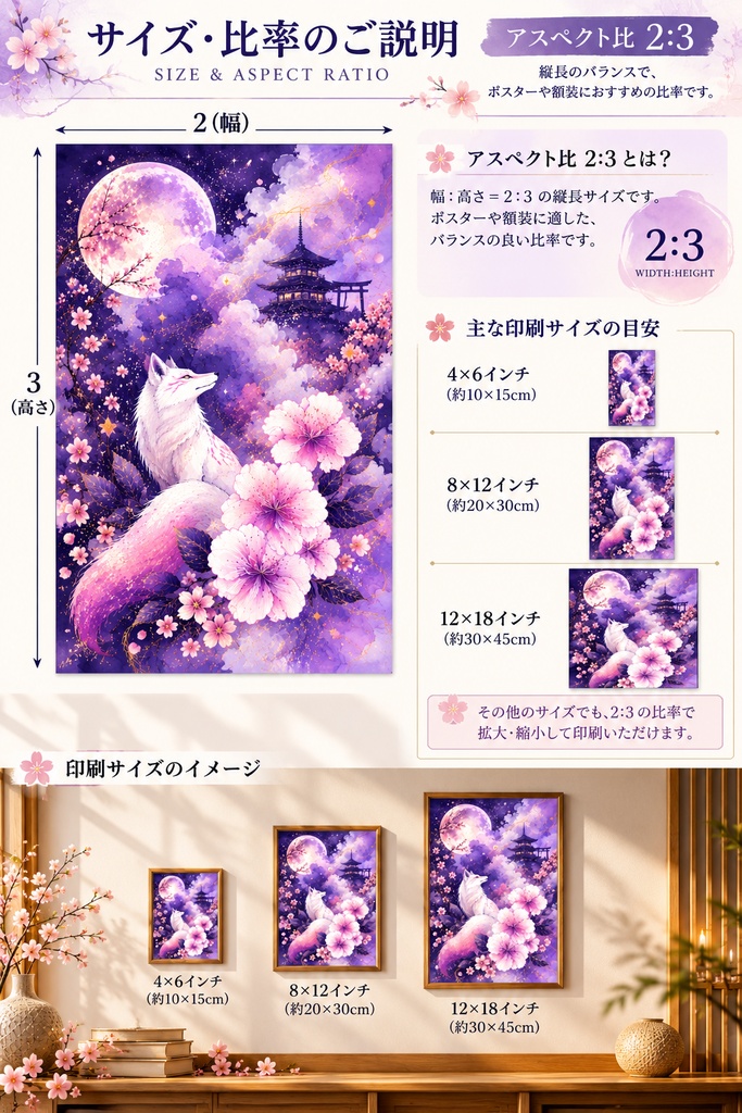 和風キツネのウォールアート、狐・桜・月のプリント用データ、和風ファンタジーアート、白狐のデジタルダウンロード、紫の桜のインテリア