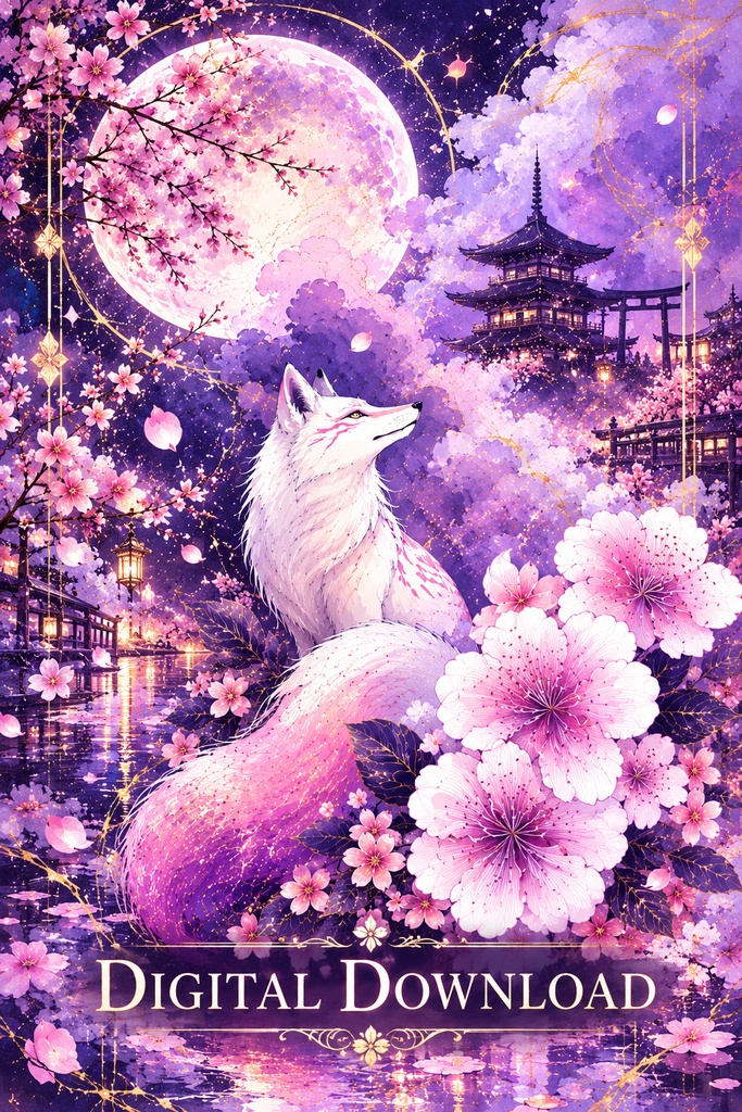 和風キツネのウォールアート、狐・桜・月のプリント用データ、和風ファンタジーアート、白狐のデジタルダウンロード、紫の桜のインテリア