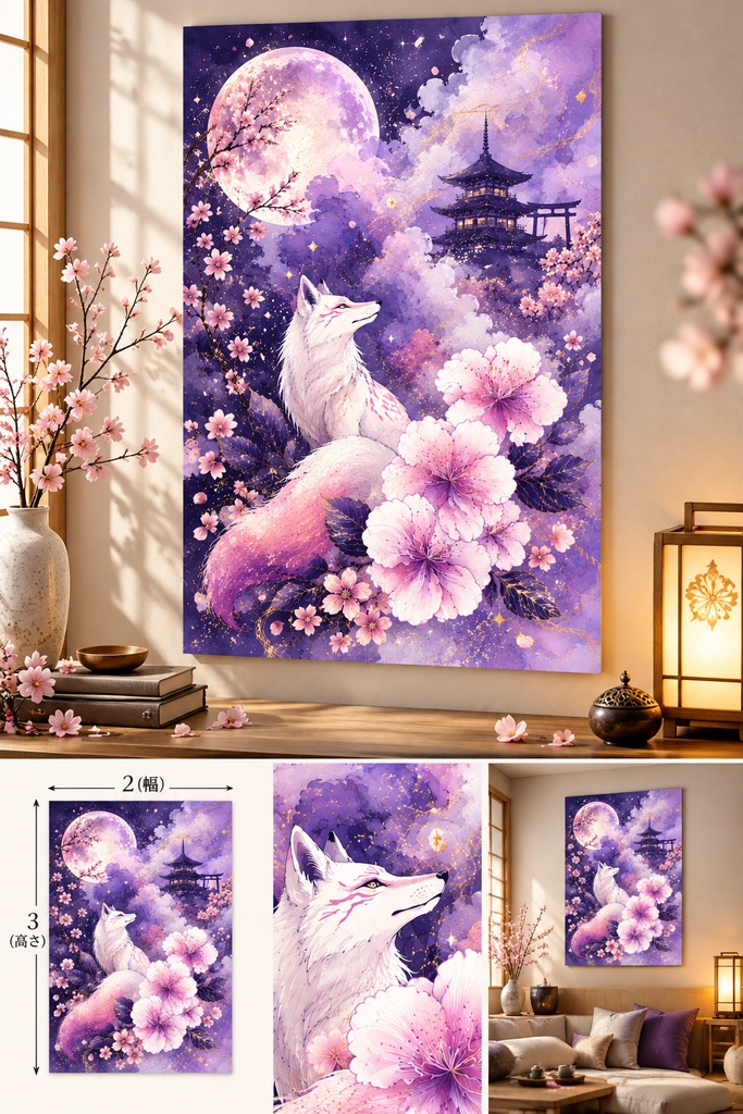和風キツネのウォールアート、狐・桜・月のプリント用データ、和風ファンタジーアート、白狐のデジタルダウンロード、紫の桜のインテリア