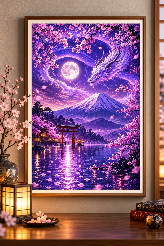 和風ドラゴン・ウォールアート、富士山と桜のプリント、月夜の湖のデジタルダウンロード、和風ファンタジーアート、紫のドラゴンのプリント用データ