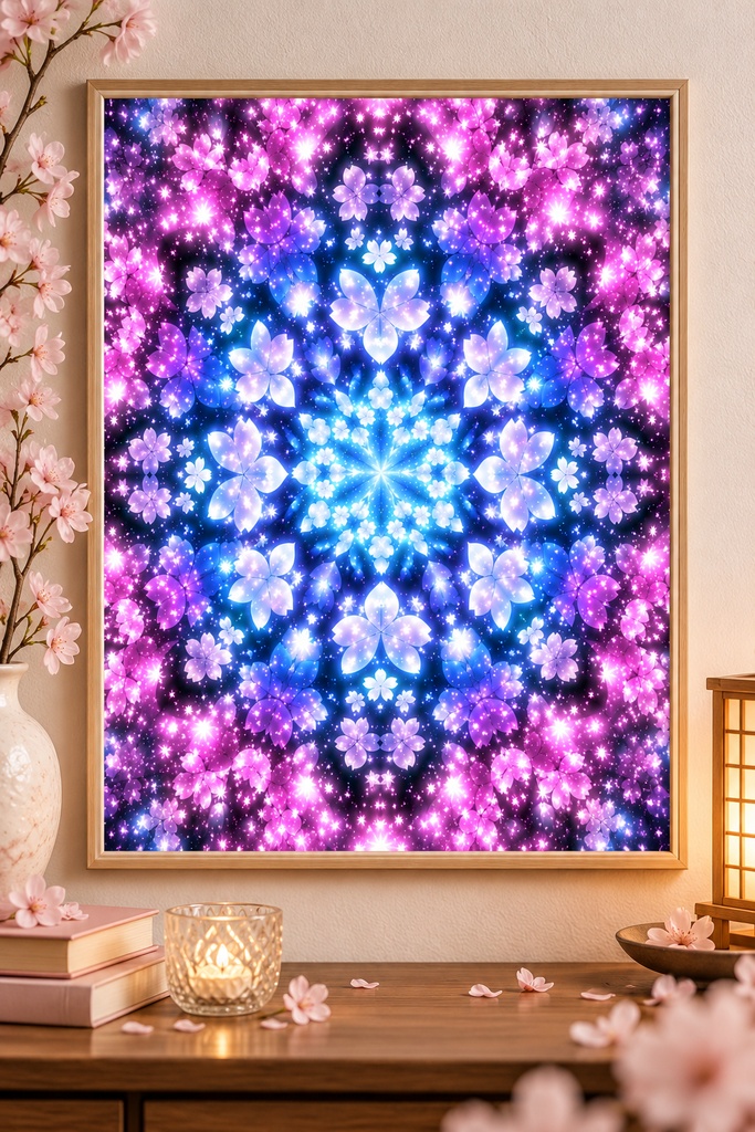 万華鏡風桜のウォールアート、桜のマンダラ、幻想的な花と天体のデジタルダウンロード、ピンクと青のファンタジー・プリント用アート