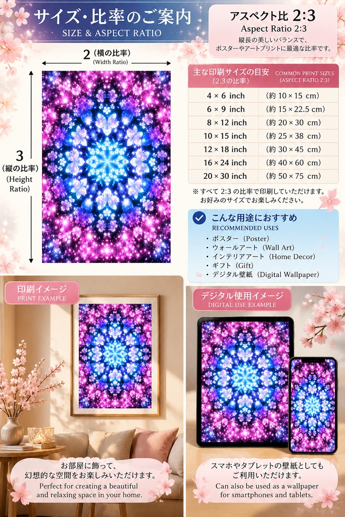 万華鏡風桜のウォールアート、桜のマンダラ、幻想的な花と天体のデジタルダウンロード、ピンクと青のファンタジー・プリント用アート