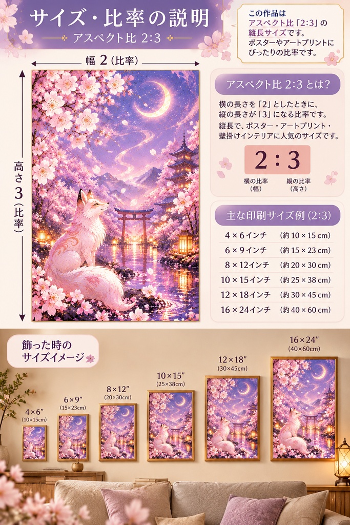 和風の狐のウォールアート、桜と月夜のプリント用画像、神秘的な「狐(きつね)」のアート、和風ファンタジー・インテリア、デジタルダウンロード、即時印刷可能アート