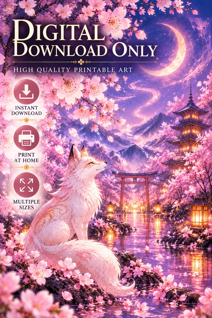 和風の狐のウォールアート、桜と月夜のプリント用画像、神秘的な「狐(きつね)」のアート、和風ファンタジー・インテリア、デジタルダウンロード、即時印刷可能アート
