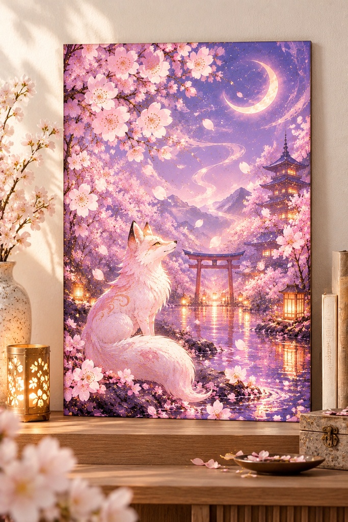 和風の狐のウォールアート、桜と月夜のプリント用画像、神秘的な「狐(きつね)」のアート、和風ファンタジー・インテリア、デジタルダウンロード、即時印刷可能アート