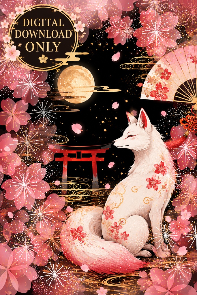 白い狐の和風ウォールアート、桜と狐のプリント用アート、和風ファンタジー・インテリア、月夜の狐のデジタルダウンロード、2:3比率のウォールプリント