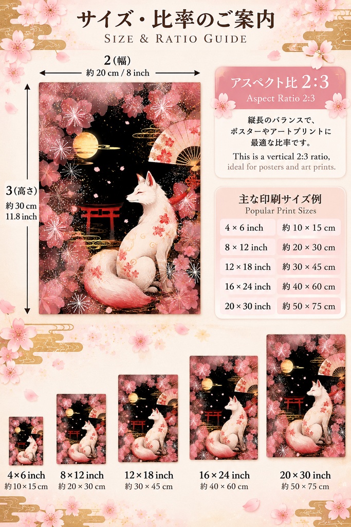 白い狐の和風ウォールアート、桜と狐のプリント用アート、和風ファンタジー・インテリア、月夜の狐のデジタルダウンロード、2:3比率のウォールプリント