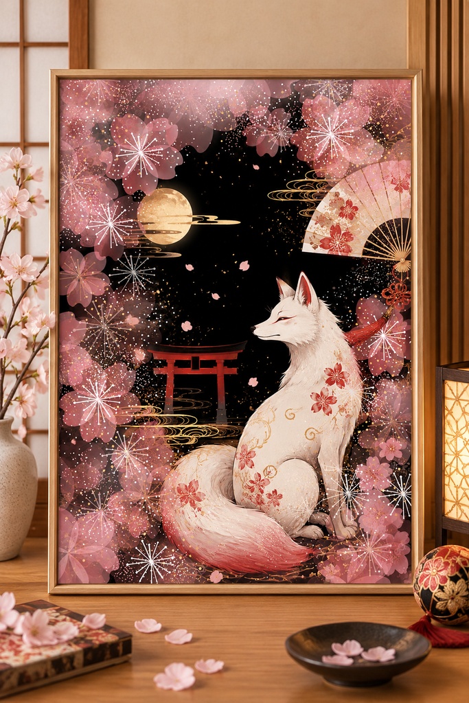 白い狐の和風ウォールアート、桜と狐のプリント用アート、和風ファンタジー・インテリア、月夜の狐のデジタルダウンロード、2:3比率のウォールプリント