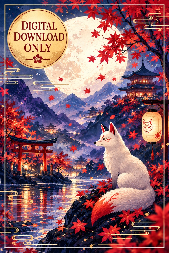 白い狐の和風ウォールアート、狐のプリント用アート、日本の秋の風景、月明かりの神社、赤い紅葉、デジタルダウンロード
