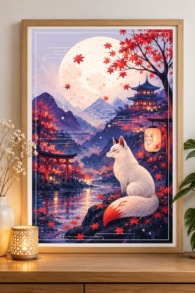白い狐の和風ウォールアート、狐のプリント用アート、日本の秋の風景、月明かりの神社、赤い紅葉、デジタルダウンロード
