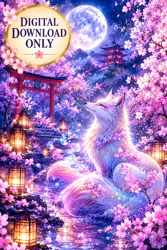 和風の狐(キツネ)ウォールアート、幻想的な桜のプリント、月明かりの神社、デジタルダウンロード、紫の狐のアート、印刷可能なウォールデコレーション