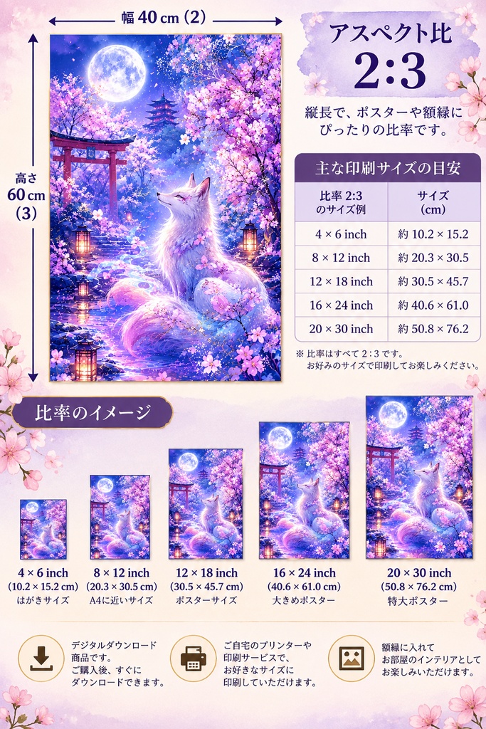 和風の狐(キツネ)ウォールアート、幻想的な桜のプリント、月明かりの神社、デジタルダウンロード、紫の狐のアート、印刷可能なウォールデコレーション