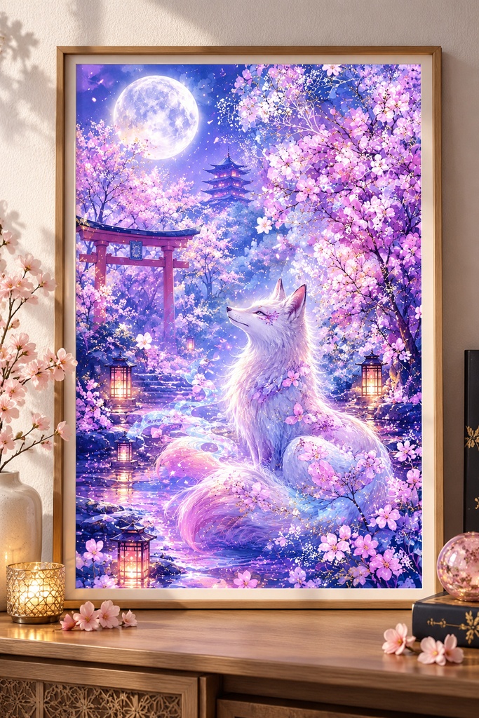和風の狐(キツネ)ウォールアート、幻想的な桜のプリント、月明かりの神社、デジタルダウンロード、紫の狐のアート、印刷可能なウォールデコレーション