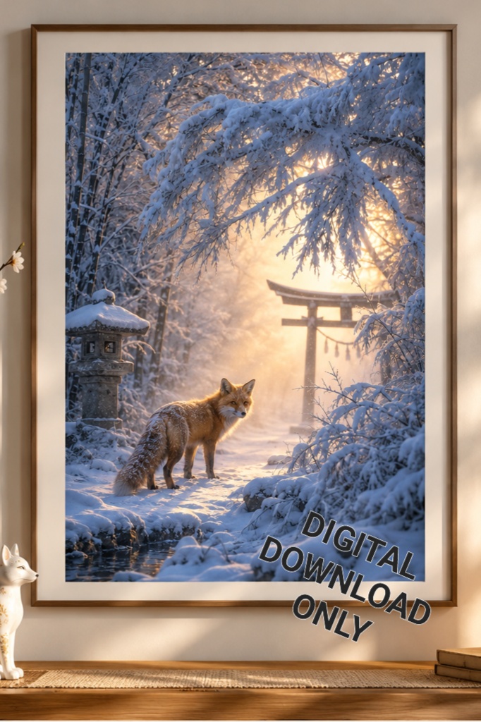 日本の冬の狐のウォールアート、雪の神社のプリント用画像、日本の狐のアート、冬の森のデジタルダウンロード、鳥居のウォールデコレーション