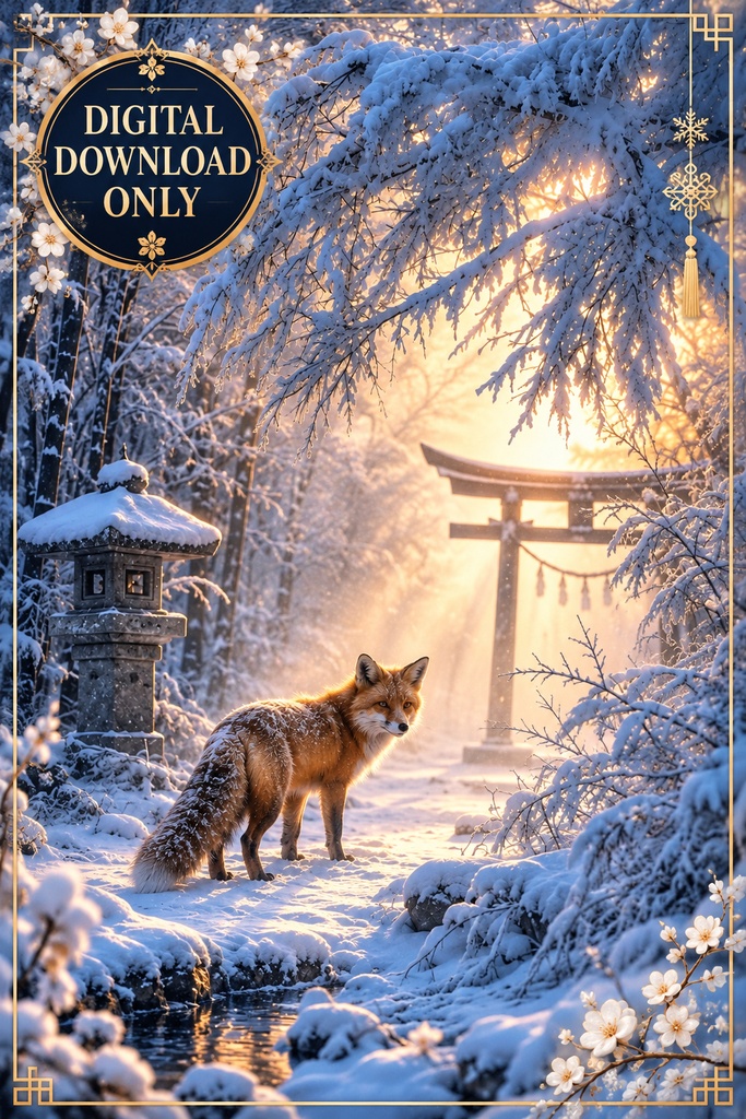 日本の冬の狐のウォールアート、雪の神社のプリント用画像、日本の狐のアート、冬の森のデジタルダウンロード、鳥居のウォールデコレーション