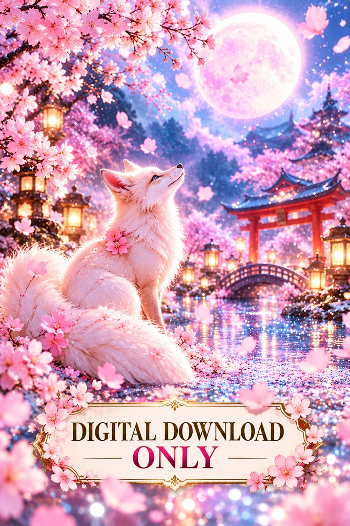 和風キツネのウォールアート、桜のプリント用画像、幻想的な日本のアート、狐と月のインテリア、春のデジタルダウンロード、比率2:3