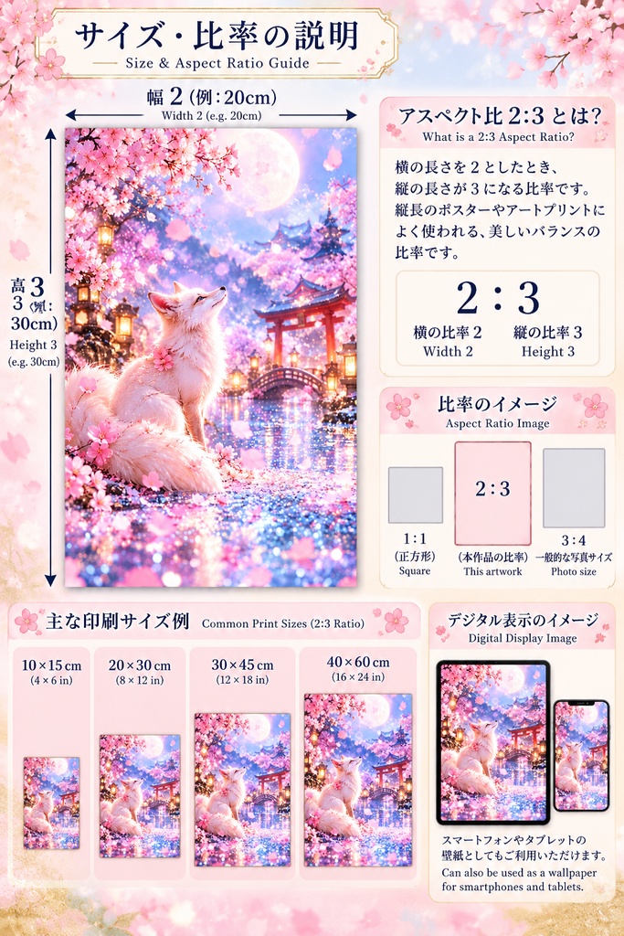 和風キツネのウォールアート、桜のプリント用画像、幻想的な日本のアート、狐と月のインテリア、春のデジタルダウンロード、比率2:3