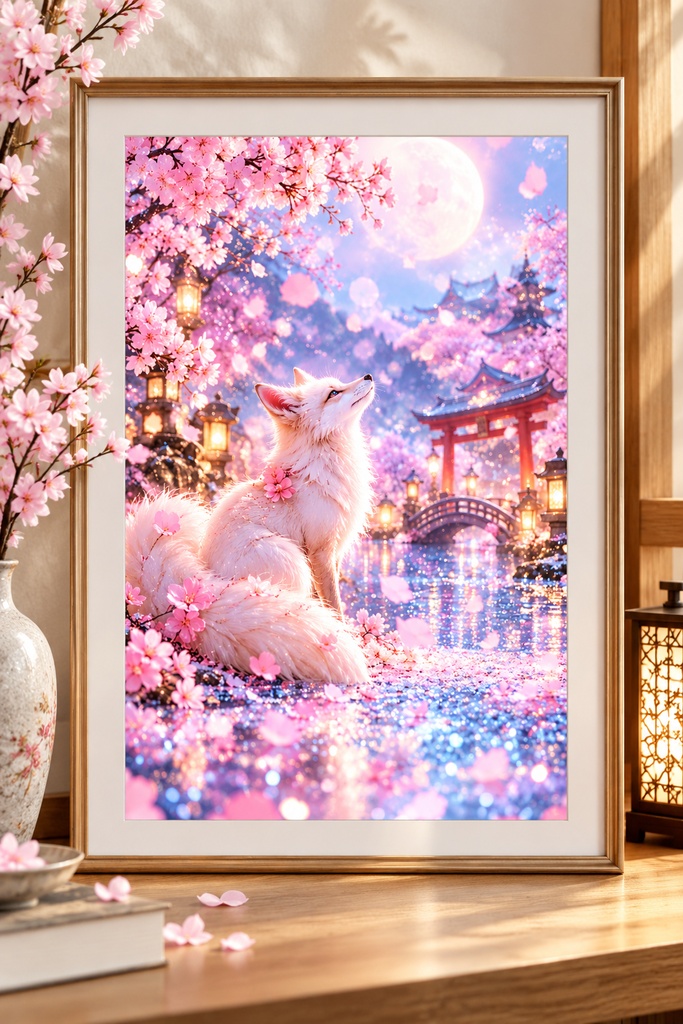 和風キツネのウォールアート、桜のプリント用画像、幻想的な日本のアート、狐と月のインテリア、春のデジタルダウンロード、比率2:3