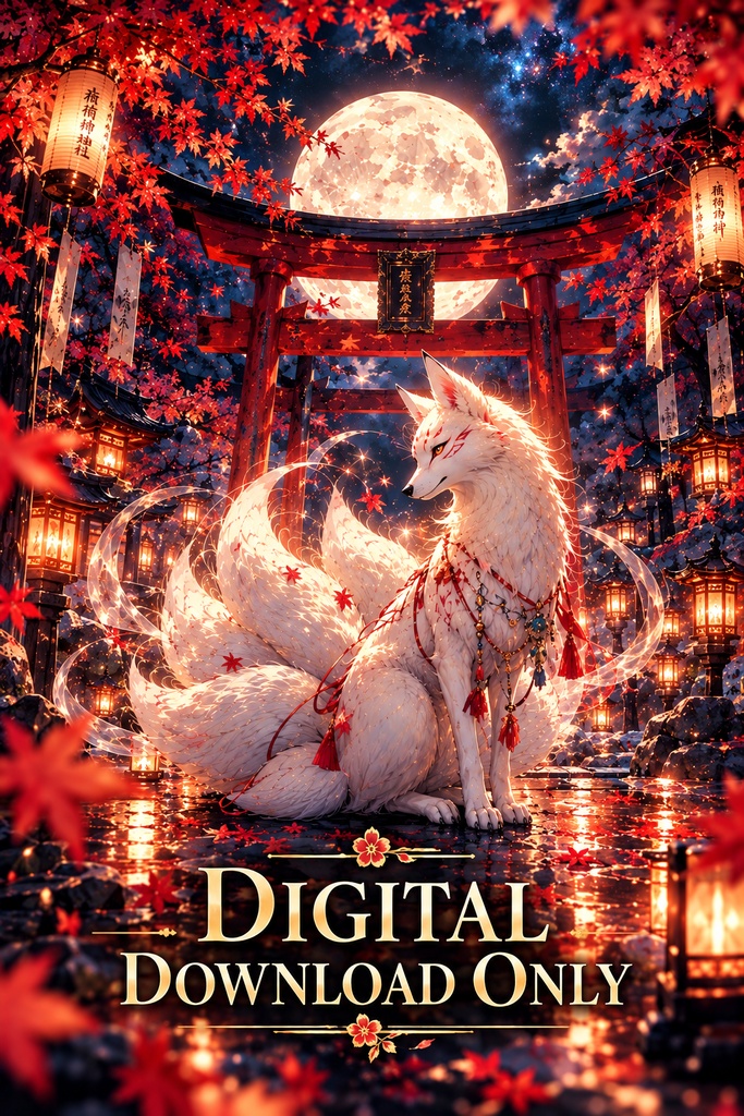 和風キツネのウォールアート、狐のプリント用アート、神社と月の和風ポスター、白狐のファンタジー・インテリア、デジタルダウンロード、和風ウォールデコ