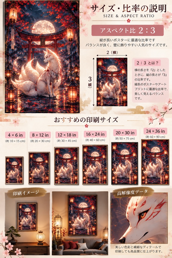 和風キツネのウォールアート、狐のプリント用アート、神社と月の和風ポスター、白狐のファンタジー・インテリア、デジタルダウンロード、和風ウォールデコ
