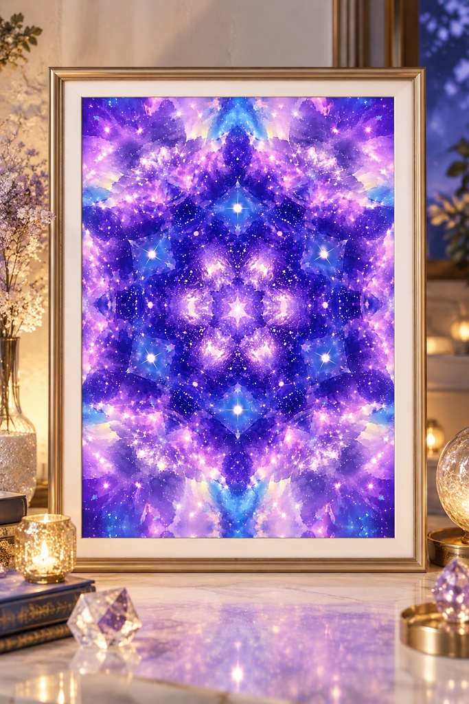 パープル・ギャラクシー・万華鏡ウォールアート、天体マンダラ(プリント用)、ファンタジーな星空(デジタルダウンロード)