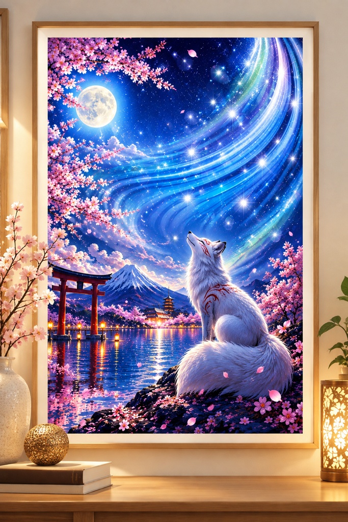 神秘的な白狐のウォールアート — 日本の幻想的な夜空、桜と月のプリント用画像、狐のデジタルダウンロード(アスペクト比2:3)