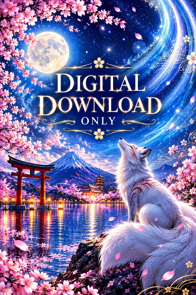 神秘的な白狐のウォールアート — 日本の幻想的な夜空、桜と月のプリント用画像、狐のデジタルダウンロード(アスペクト比2:3)