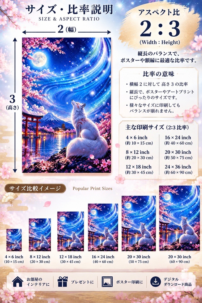 神秘的な白狐のウォールアート — 日本の幻想的な夜空、桜と月のプリント用画像、狐のデジタルダウンロード(アスペクト比2:3)