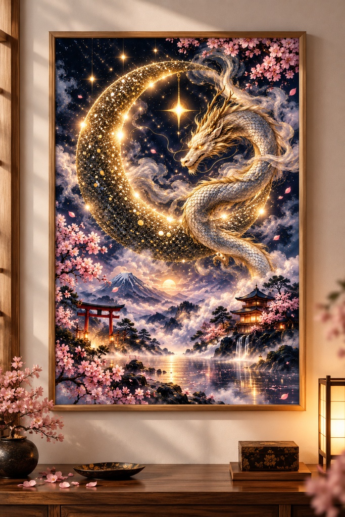 金龍と月のウォールアート — 日本のファンタジー・プリント用データ — 桜の装飾 — デジタルダウンロード