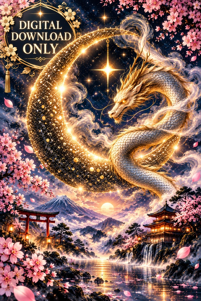 金龍と月のウォールアート — 日本のファンタジー・プリント用データ — 桜の装飾 — デジタルダウンロード