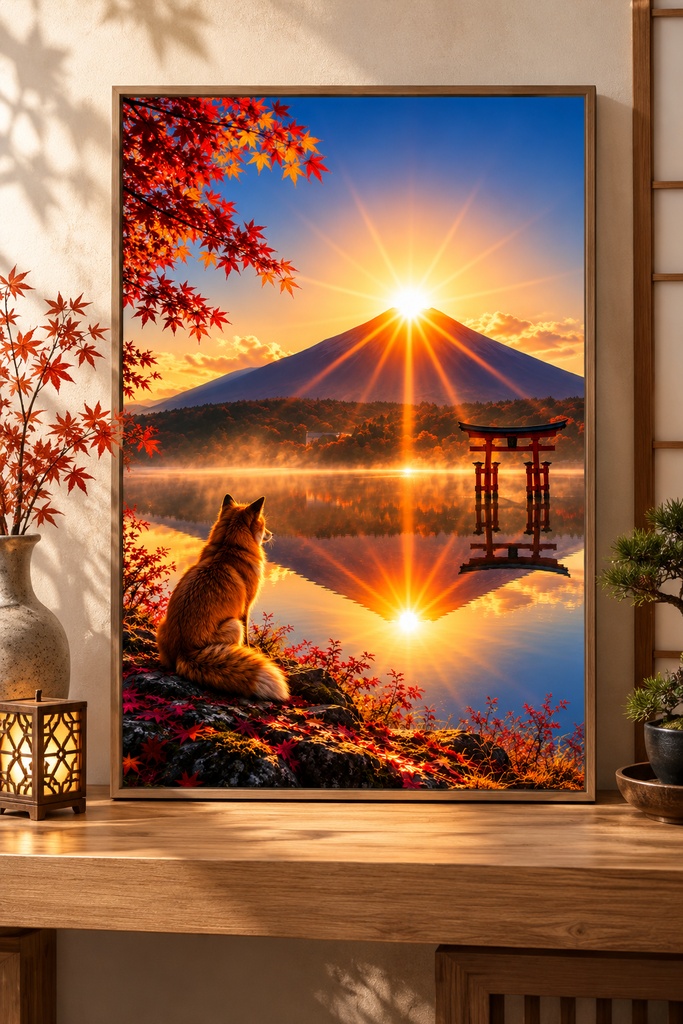 日本のキツネのウォールアート、富士山の日の出、鳥居のある風景、日本の秋のアート(プリント用・デジタルダウンロード)