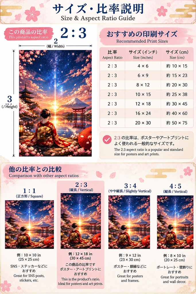 日本の舞妓ウォールアート、桜と夕景のデジタルダウンロード、富士山のファンタジーアート、日本風景のプリント用画像