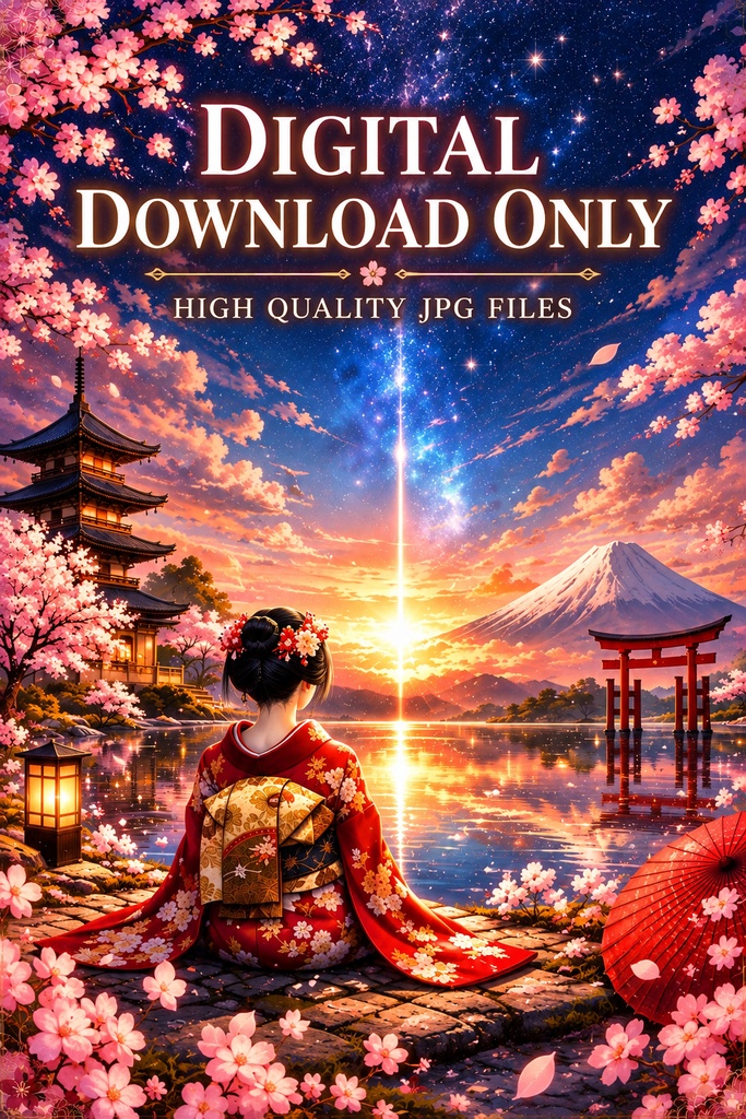 日本の舞妓ウォールアート、桜と夕景のデジタルダウンロード、富士山のファンタジーアート、日本風景のプリント用画像