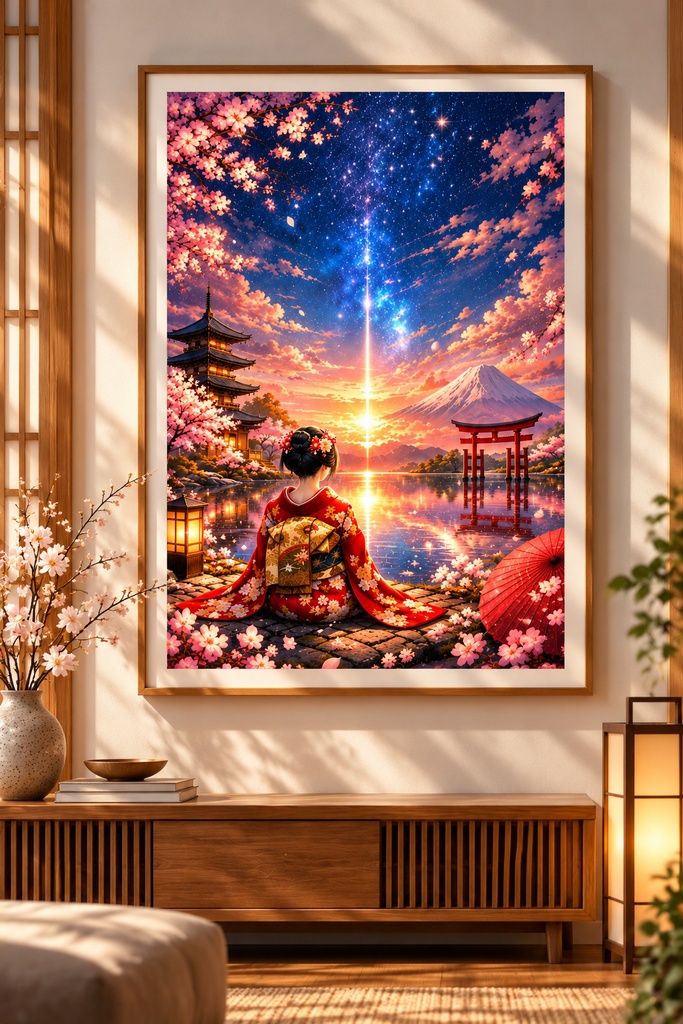日本の舞妓ウォールアート、桜と夕景のデジタルダウンロード、富士山のファンタジーアート、日本風景のプリント用画像